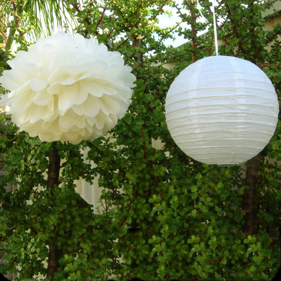 White Paper Lanterns & Cream Pom Poms