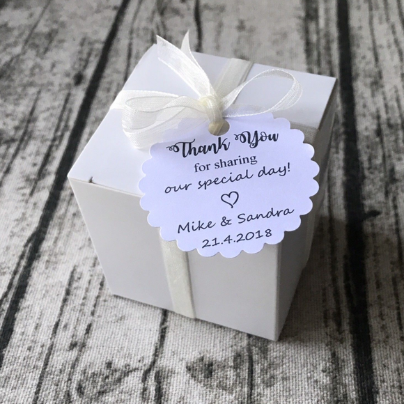 100 White Personalized Favor Boxes Tags Ribbons