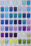 A color chart grid showing 60 small rectangular paint swatches in various shades of blue, purple, green, yellow, and pink, each labeled with a color name and number.