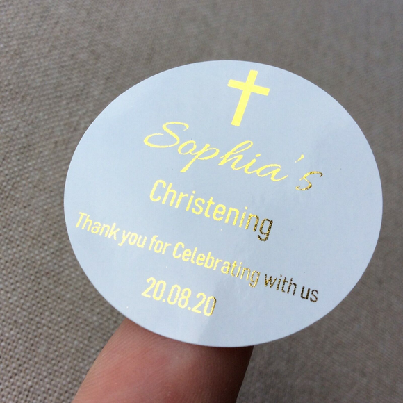 100 White Personalized Christening Foil Wording Stickers