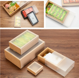 A collage showing kraft paper packaging boxes with matte lids, including stacked boxes, an open box with compartments, and packaged food items placed inside. The boxes are photographed on a wood surface and on a white background.