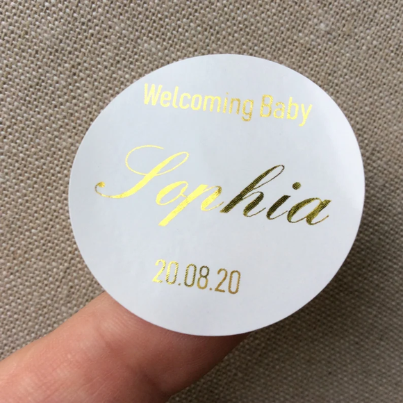 100 White Baby Shower Party Sticker Foil Personalized Wording