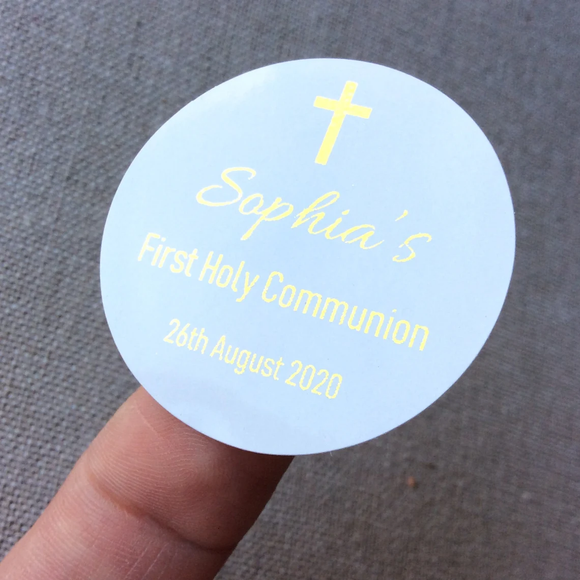 100 White Personalized Holy Communion Foil Wording Stickers