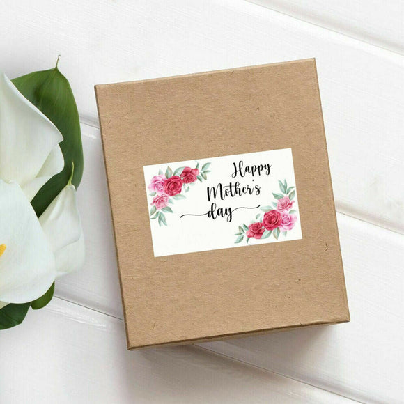 100 Rectangle Floral White Happy Mother's Day Gift Stickers Labels