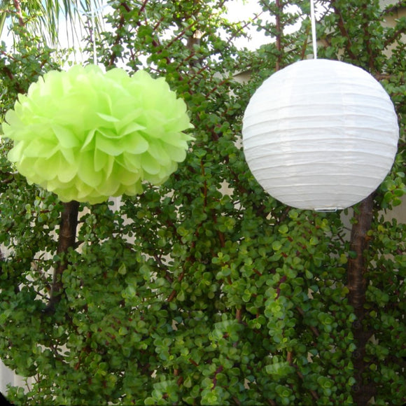 White Paper Lanterns & Green Pom Poms