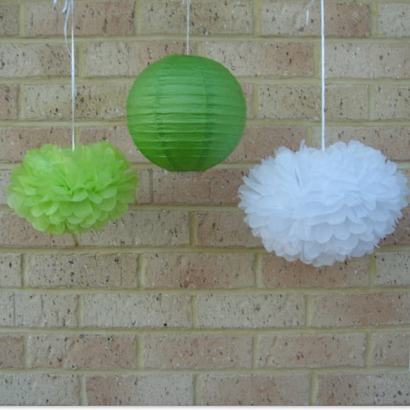 Green Paper Lanterns & Green White Pom Poms