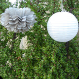 White Paper Lanterns & Grey Pom Poms