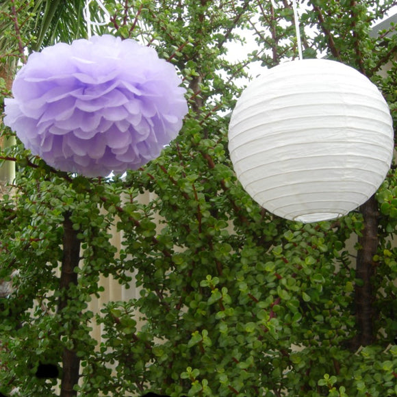 White Paper Lanterns & Lilac Pom Poms