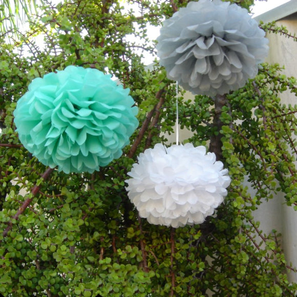 30pcs Tissue Paper Pom Poms - Grey White Tiffany