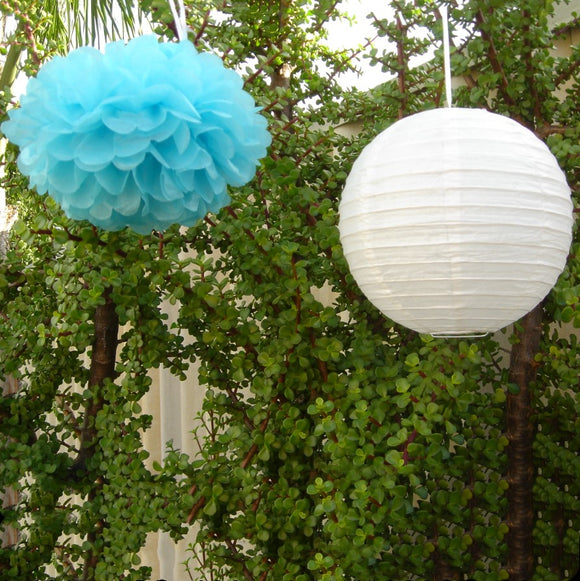 White Paper Lanterns & Blue Pom Poms