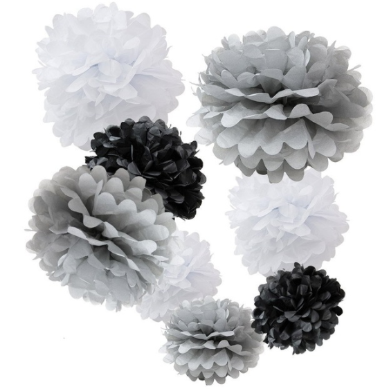 30pcs Tissue Paper Pom Poms - Grey White Black