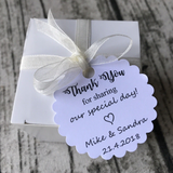 100 White Personalized Favor Boxes Tags Ribbons