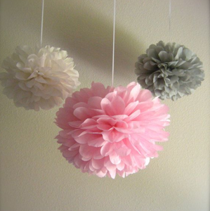 30pcs Tissue Paper Pom Poms - Grey White  Classic Pink