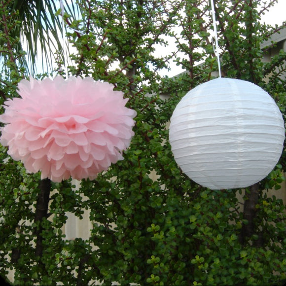 White Paper Lanterns & Pink Pom Poms