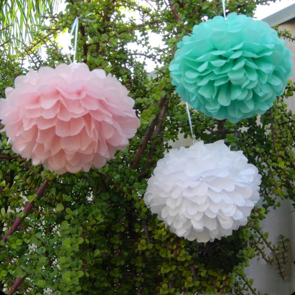 30pcs Tissue Paper Pom Poms - White Pink Tiffany