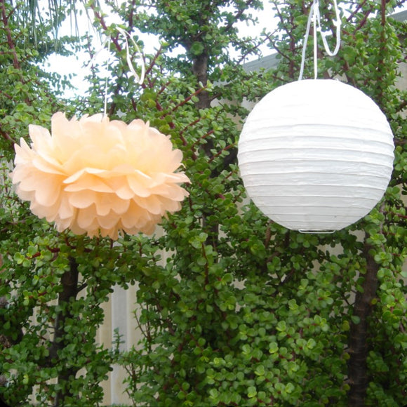 White Paper Lanterns & Peach Pom Poms