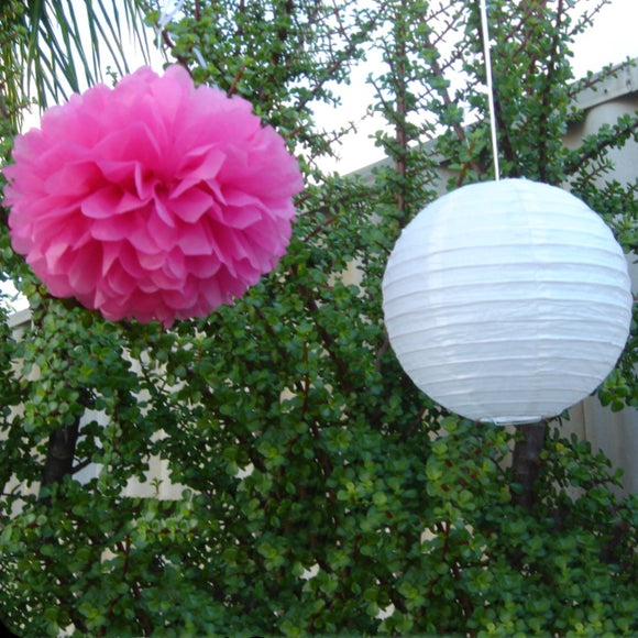 White Paper Lanterns & Hot Pink Pom Poms