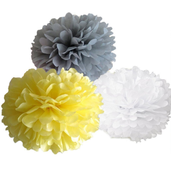 30pcs Tissue Paper Pom Poms - Grey White Yellow