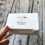 100 White Rectangle Favor Boxes - Gold Foil Personalized Wordings