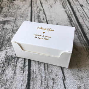 100 White Rectangle Favor Boxes - Gold Foil Personalized Wordings