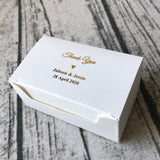 100 White Rectangle Favor Boxes - Gold Foil Personalized Wordings