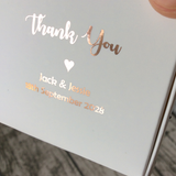 100 White Favor Boxes - Rose Gold Foil Personalized Wordings